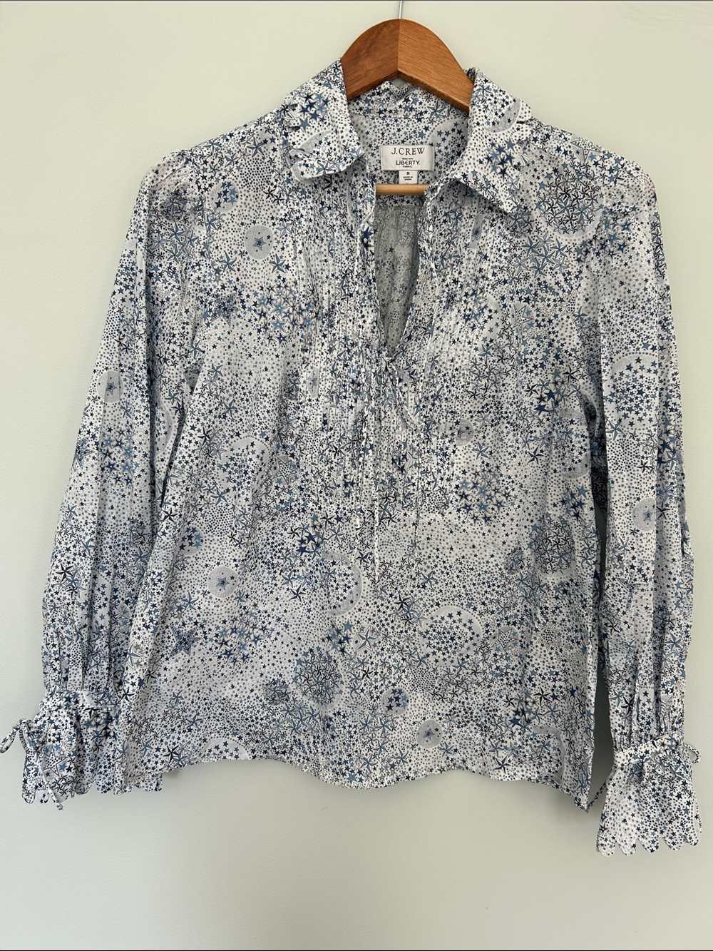 J. Crew Liberty of London Blue and White Floral Pintuck Popover Blouse